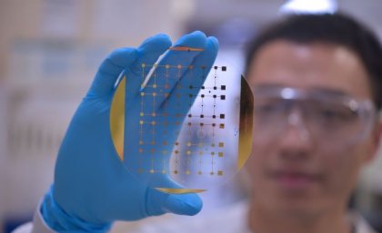 A close up image of a slide showing tiny rectangles, held up by the gloved hand of a researcher who is out of focus.